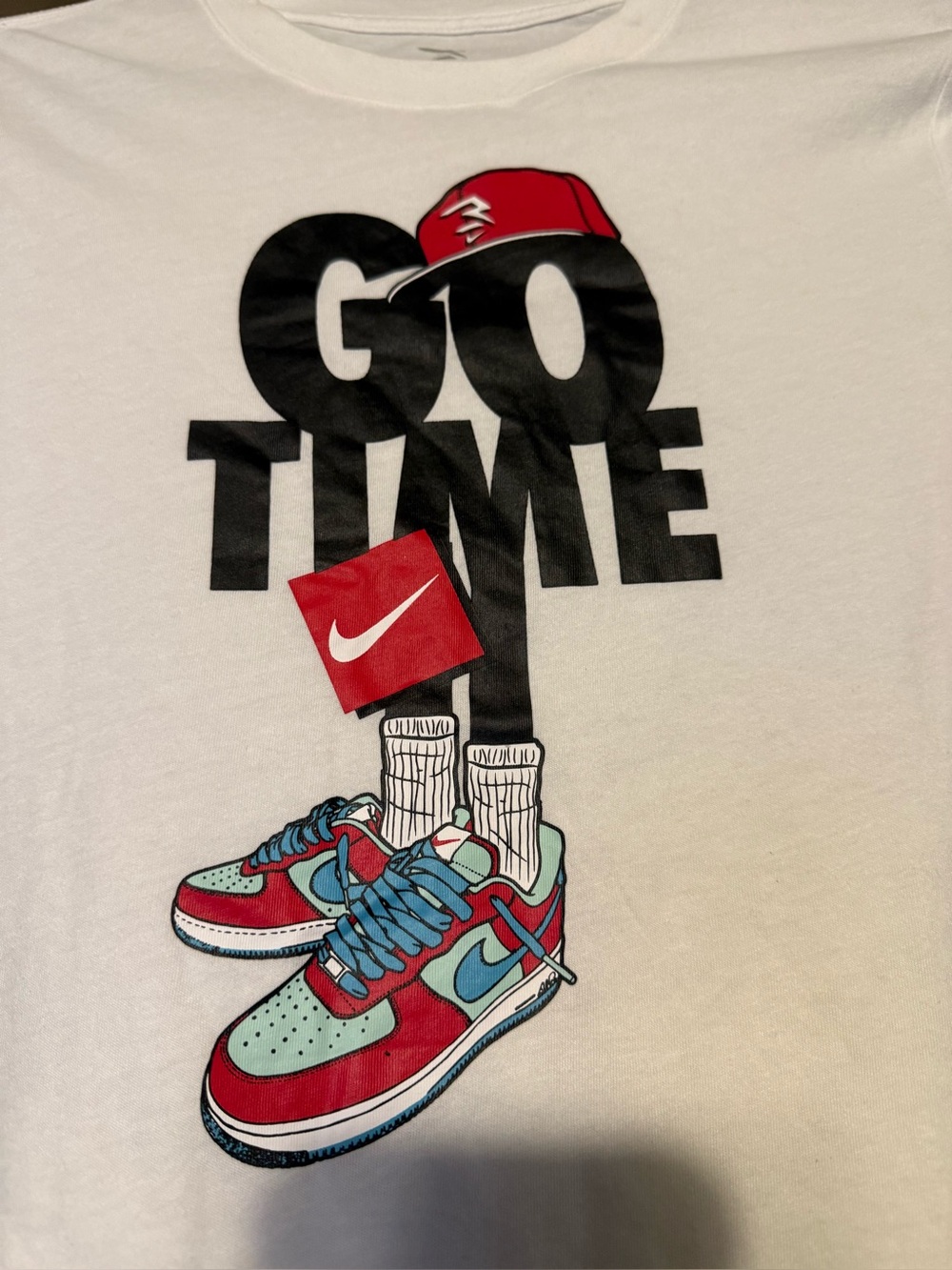 New’Nike 'Go Time' Graphic Tee with Red & Teal Sneaker Art